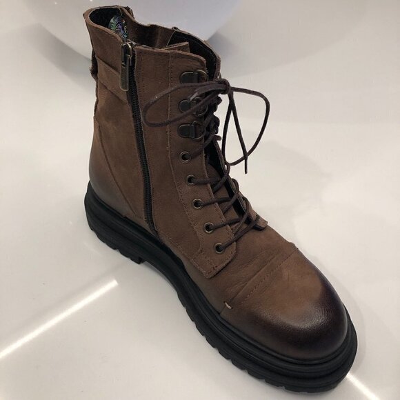 VENUS Brown Leather Chunky Heel Combat  Ankle Boot Lace Zipper Distressed EU 39 - Picture 2 of 16